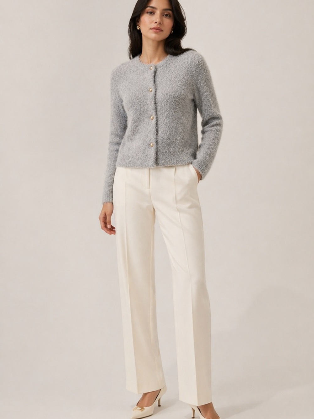 Tahari | Eyelash Knit Cardigan Gold Dome Button-Front Quiet Luxury Medium